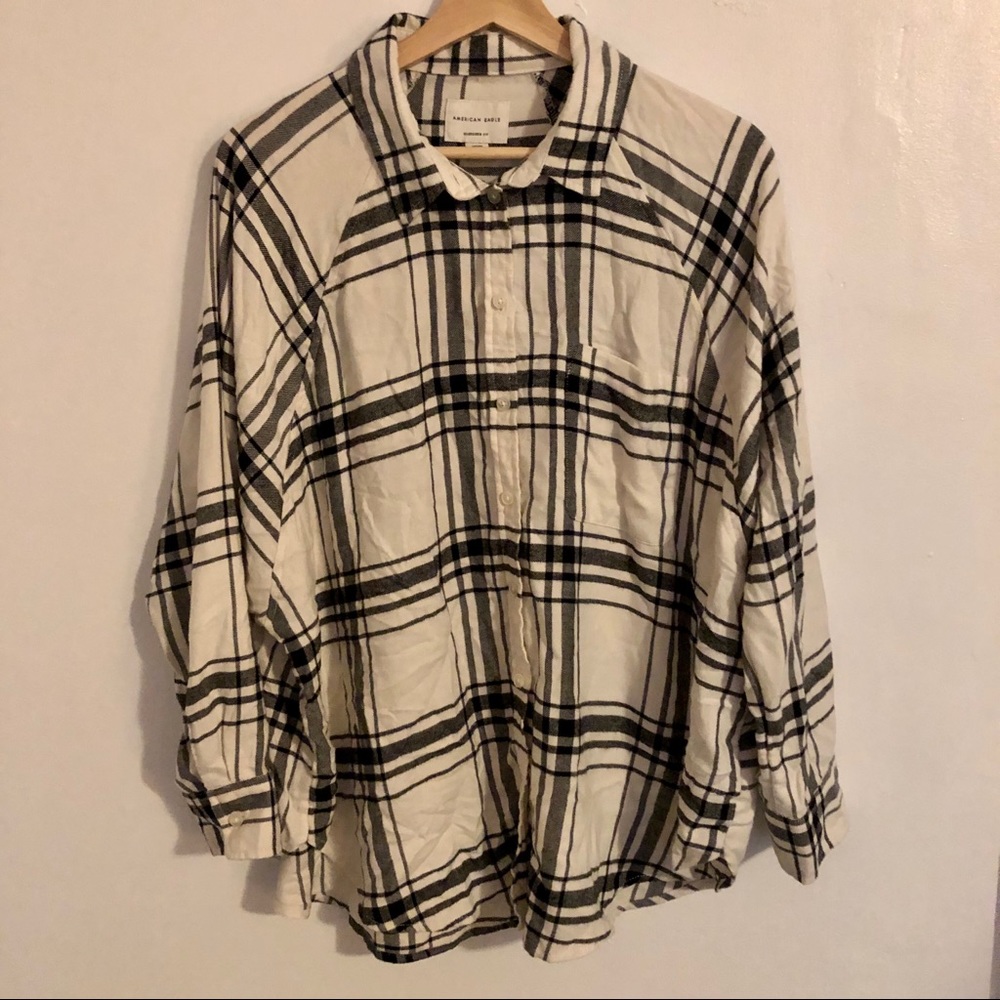 ae white black plaid oversized fit flannel blouse